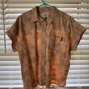 Women's Pink and Green Leaf Print Button Down Shirt